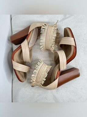 Groove Beige Fringe Block Heel Sandals - Women size 8
